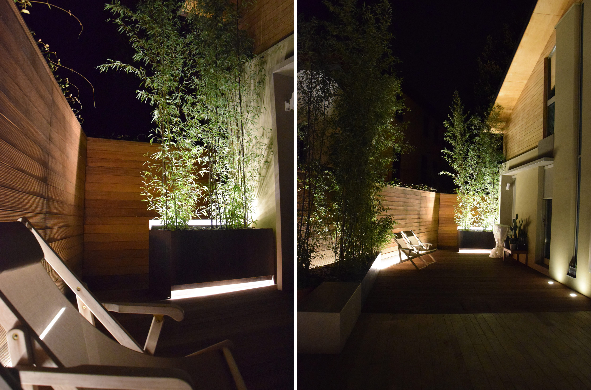 by night, lights, phyllostachys, fioriere, acciaio corten, area living